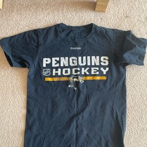 Reebok Navy Penguins Hockey Graphic Tee with White and Gold Print